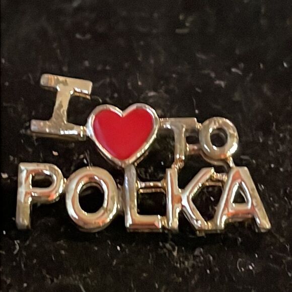 Vintage-1970s-gold tone & red enamel “I love to Polka” hat/lapel pin/tie tack - Picture 2 of 11
